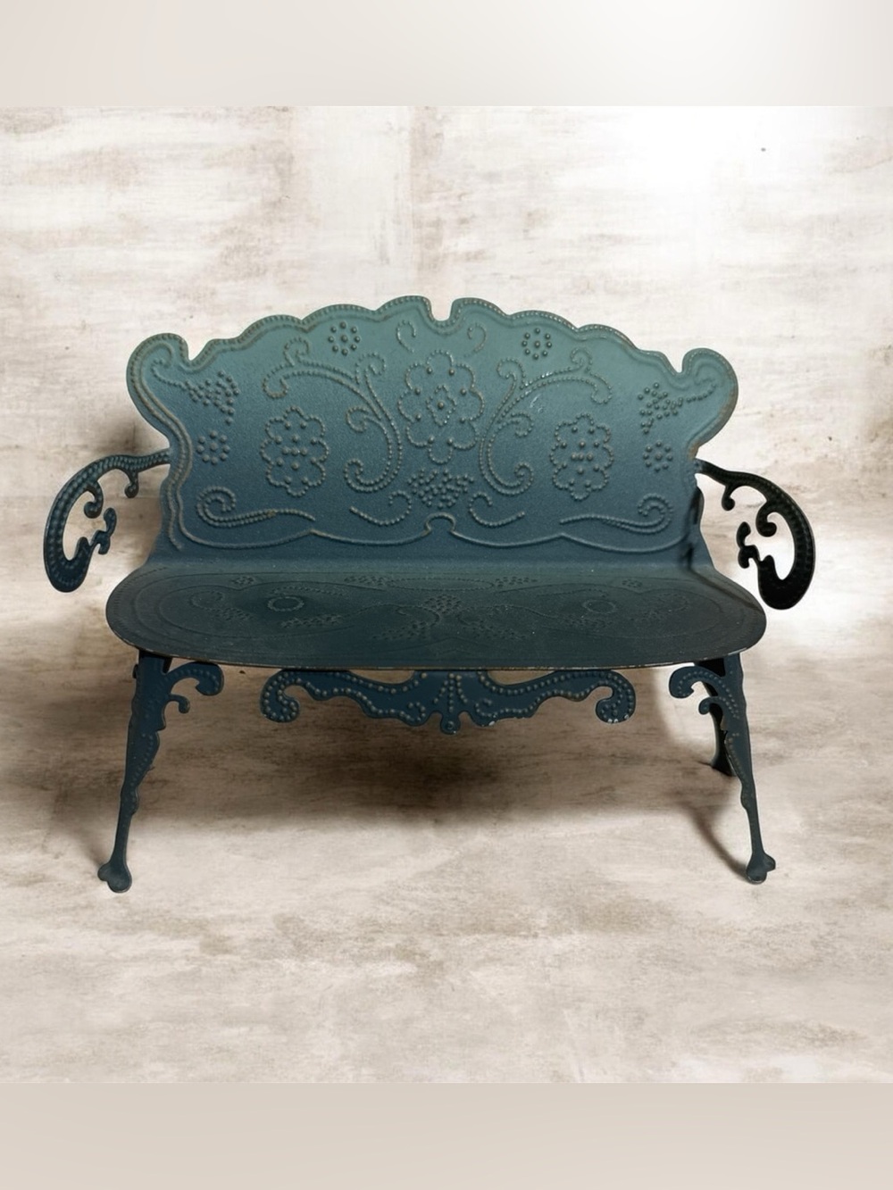 Ornate Metal Garden Bench - Teal Green